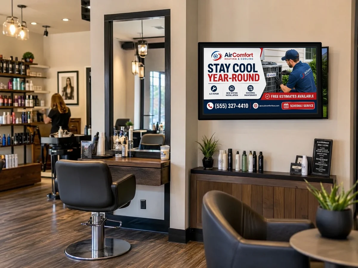 Modern hair salon with a television naturally displaying an AirComfort heating and cooling advertisement